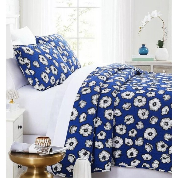 New 2 Piece Quilt Set Navy Blue & White Floral Essence Twin / Twin XL  Bed Cover - Picture 3 of 4